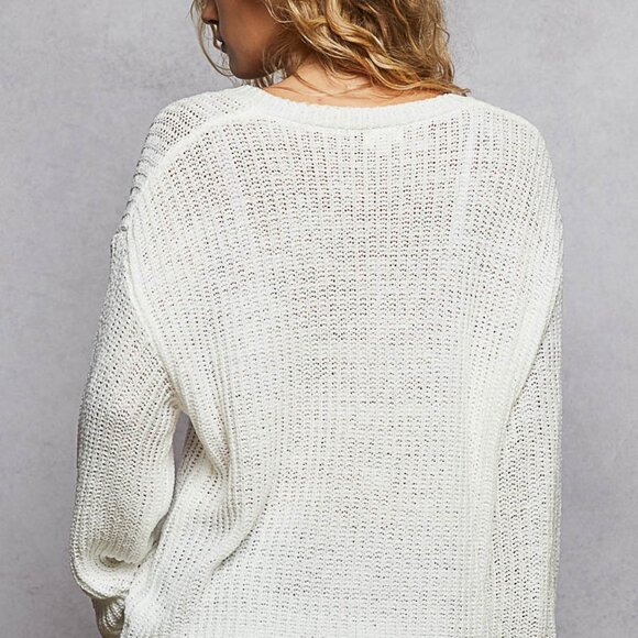 Oversized White Knit Sweater | Slouchy V-Neck Pullover | Boho Cozy Top NWT - Picture 4 of 6